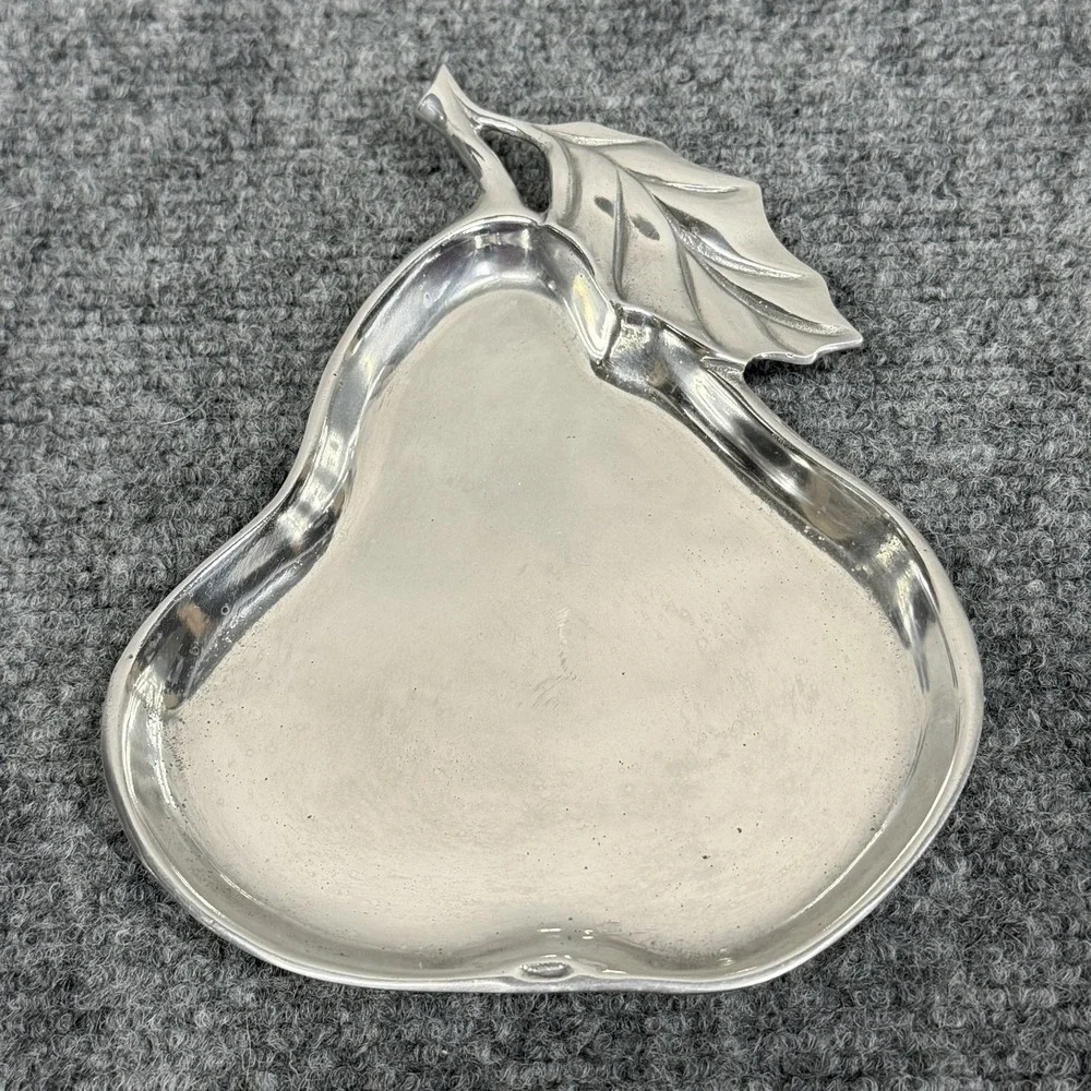 Fitz & Floyd Silver Metal Pear Shaped Serving Tray Small Leaf Handle Decor
